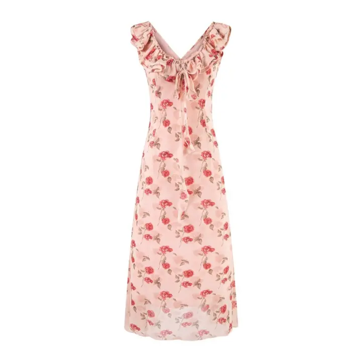 Vestido largo de gasa estampado con volantes, escote en V doble, estilo chaleco, cola de pez y falda paraguas, para vacaciones francesas. - 1