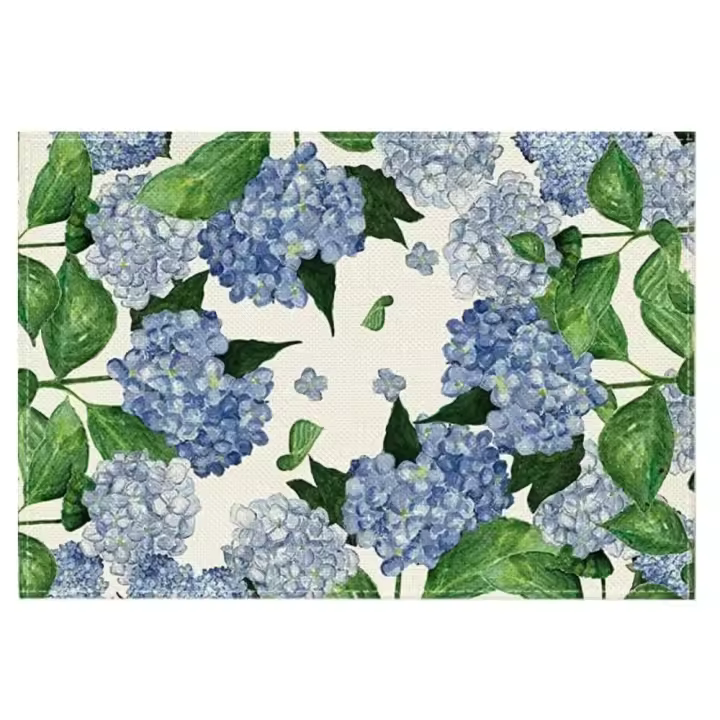 Mantel Individual de lino con patrón de hortensias y plantas verdes, mantel antideslizante resistente al calor, vajilla rústica a prueba de aceite, almohadilla para cocina - 1