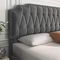 Marco de cama con cabecera tapizada, altura ajustable, soporte de láminas de madera y patas metálicas, color gris oscuro. - details 41