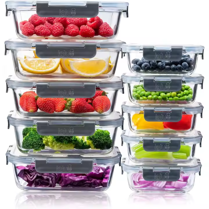 Prep Set de 10 Contenedores de vidrio con tapas a prueba de fugas con cierre hermético, Fiambreras reutilizables aptas para microondas sin BPA 1050ml y 370ml - 1