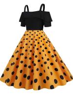 Vestido de fiesta Vintage elegante con hombros descubiertos, vestidos Midi de verano con lunares y volantes para mujer - details 6
