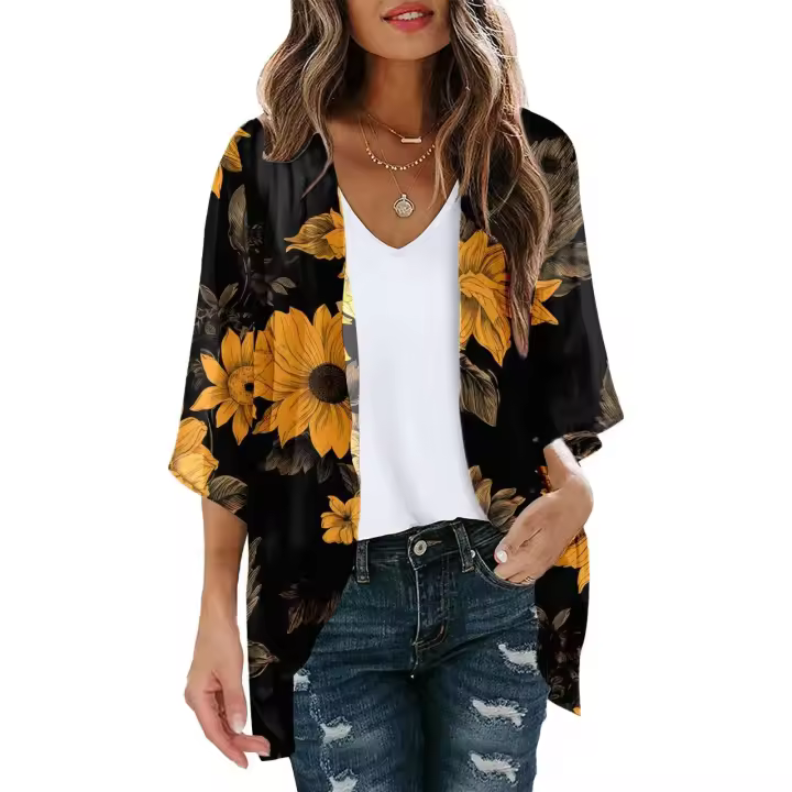 Cárdigan tipo kimono largo con estampado floral para mujer, blusa informal holgada, tops - 1