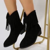 Nuevo Botas Retro de gamuza con borlas para mujer, botas a la moda con punta redonda y tacón grueso, botas cortas ajustadas de vaquero occidental - details 2