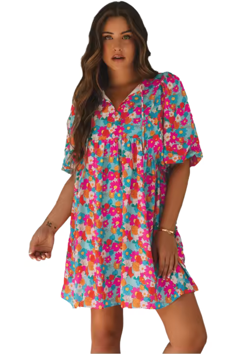Elrachen Vestido babydoll con estampado floral y cuello dividido con manga de burbuja para mujer, azul cielo, tallas S-XL - 1