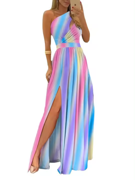 Vestido largo sin mangas con hombros inclinados a la moda para mujer, cintura alta, estilo dividido, vestido con vuelo grande, nuevo - 1