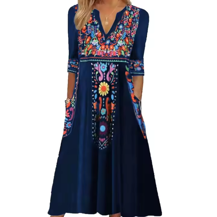 Ropa retro, Midi de moda, manga de un séptimo, bolsillo con cuello en V, ropa de mujer con estampado bohemio - 1