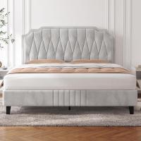 Marco de cama con cabecera tapizada, altura ajustable, soporte de láminas de madera y patas metálicas, color gris oscuro. - details 9