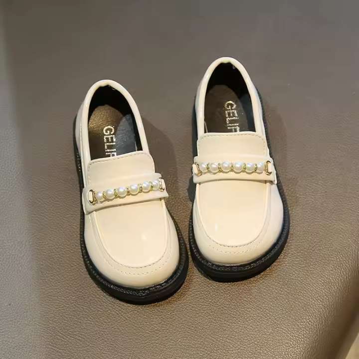 Zapatos de cuero para niñas, zapatillas negras, plano de piso, perlas de estilo británico, reuniones escolares, bodas, - 1