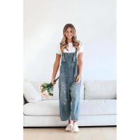 Moda desgastada suelta de pierna ancha cómoda correa casual Denim Overalls para mujer - details 4