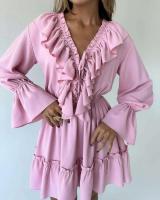 Tossy-minivestido blanco con volantes y cuello en V para mujer, vestido elegante de manga larga con retazos, cintura alta, con cordones - details 14