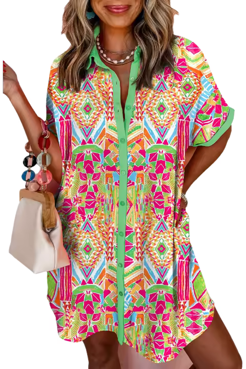 Elrachen Vestido camisero de manga corta con estampado geométrico para mujer, naranja, tallas S-XL - 1