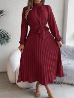Vestido plisado elegante con cuello levantado y manga larga y cintura cerrada para mujer, vestido largo de Otoño Invierno - details 10