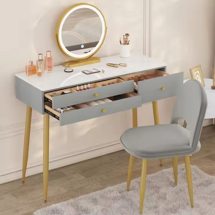 Tocador LED con Espejo 3 Temperaturas, Taburete de Terciopelo, 3 Cajones de Madera Maciza, 100×40×122 cm Mesa de Maquillaje Moderna Blanco Champán - 1