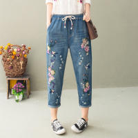 Pantalones vaqueros holgados con bordado Floral para mujer, Jeans azules rasgados, elásticos, Estilo Vintage chino, Verano - details 0