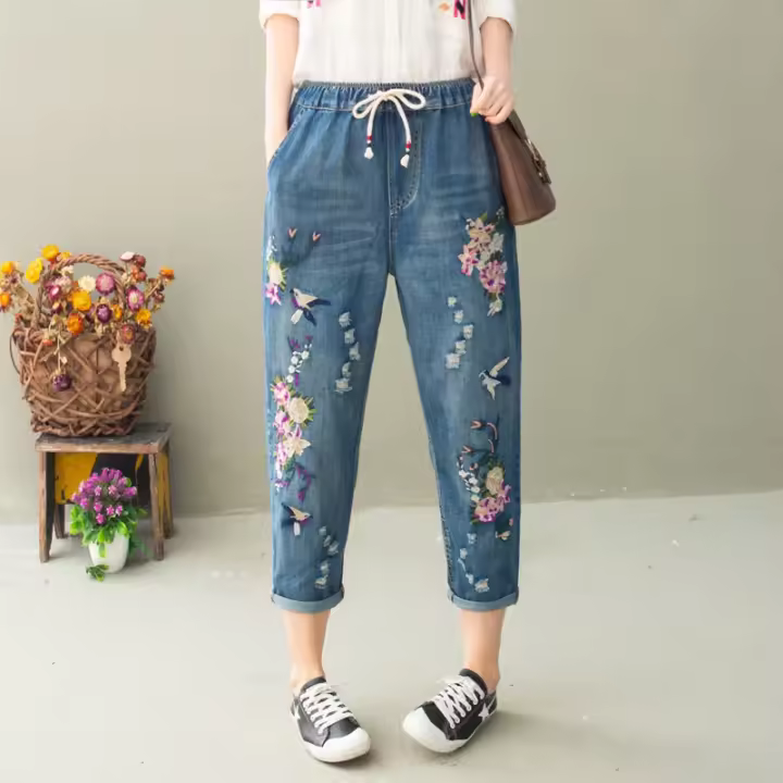 Pantalones vaqueros holgados con bordado Floral para mujer, Jeans azules rasgados, elásticos, Estilo Vintage chino, Verano - 1