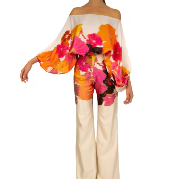 Conjunto de duas peças para mulher, top e calças estampados, cor de laranja, floral rosa, mangas batwing, calças de cintura larga, conjunto na moda - 1