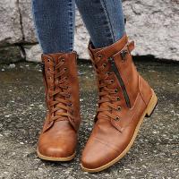 Botines de punta redonda con cordones para mujer, botas militares de combate de tacón bajo de media pantorrilla, botines de equitación - details 3
