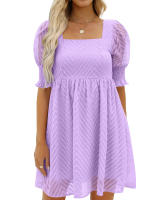 Vestido de verano de las mujeres 2023 Casual Flowy Beach Cuello cuadrado Linterna Manga corta Plisado Una línea Vestido Tie Mini vestido - details 19