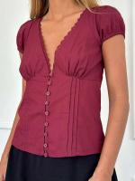 Camisa informal de verano de Color sólido para mujer, manga corta, cuello en V profundo, cinta Ence, Tops cortos dulces de fiesta con botones - details 8