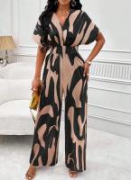 Mono con estampado de cuello en V para mujer, pantalones de pierna ancha informales, manga de murciélago, trajes de una pieza - details 1