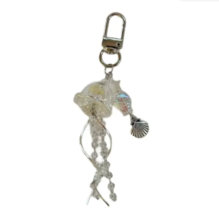 Llavero de medusas con forma de estrella y concha de mar, cordón Y2K con tema oceánico, cordón para teléfono con cuentas, colgante hecho a mano, abalorio para teléfono de medusas - 1