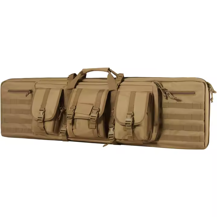 SucceBuy Bolsa para rifle táctico de 36 pulgadas, estuche blando doble para arma larga con cremallera bloqueable, asa portátil y correa para el hombro, 3 bolsillos de almacenamiento grandes para dos rifles de 34" y 2 pistolas, color marrón - 1