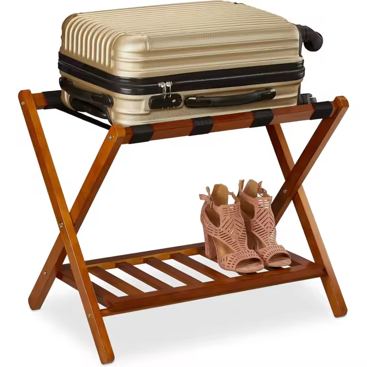 Reposa Maletas Madera, Porta equipajes, 2 baldas, 54,5x66x44 cm, Color Blanco - 1