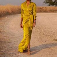 Casual Oficina solapa cuello en V Maxi primavera mujeres manga camisas sólidas vestido elegante señora encaje hasta Split vestidos largos delgados - details 2