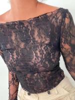Combhasaki Y2K Vintage Off-Shoulder Crop Tops transparentes de encaje floral de manga larga transparente camiseta jerseys club streetwear - details 2