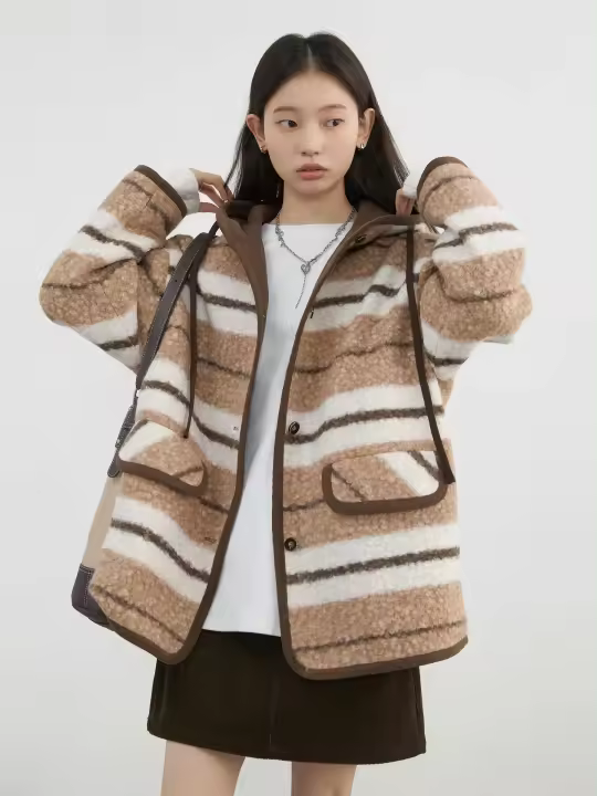 Feather ts, chaqueta holgada de rayas en contraste con capucha y un solo pecho, chaqueta de mujer para otoño e invierno 2024 - 1