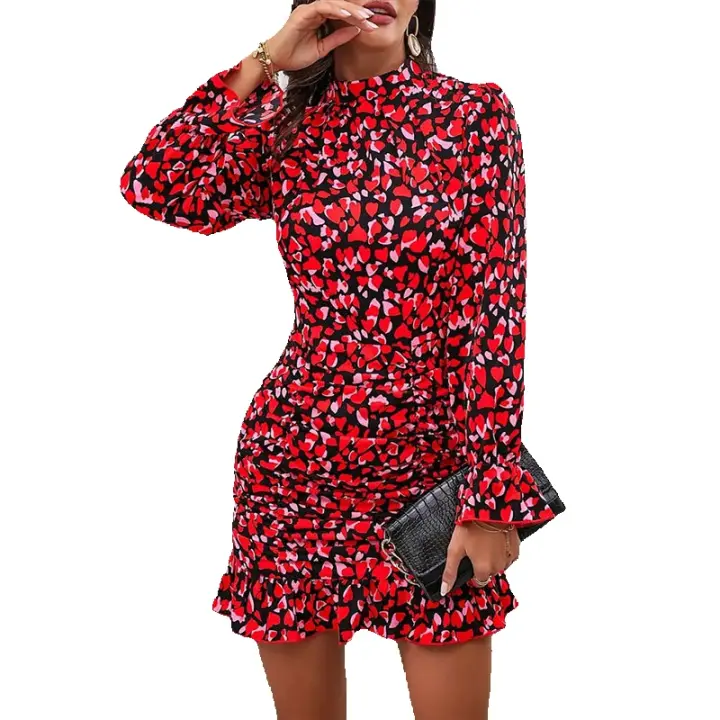 Elegante estampado plisado sentido diseño vestido manga larga cuello vertical volantes envoltura falda de cadera - 1
