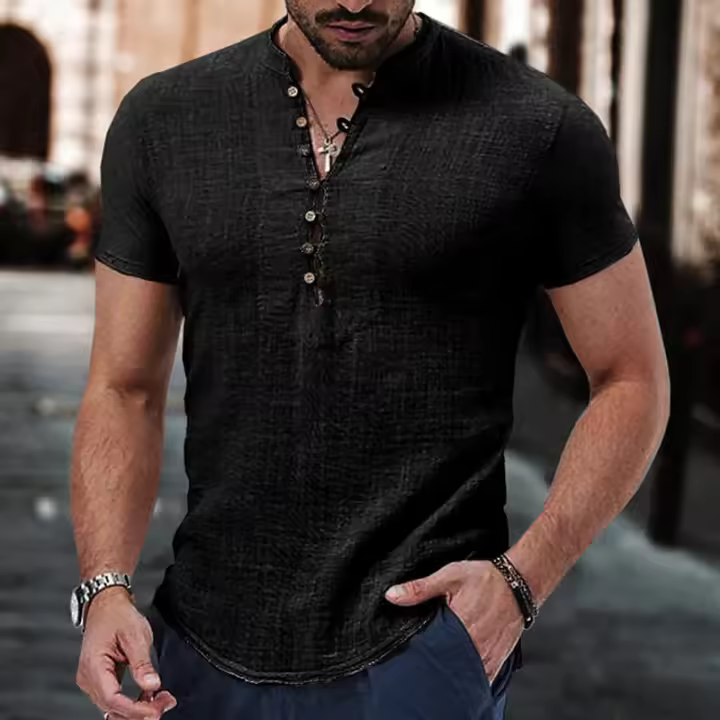 Camiseta de Lino-Algodón para Hombres Cuello en V, Botones, Moda Casual, Topes Más Populares - 1