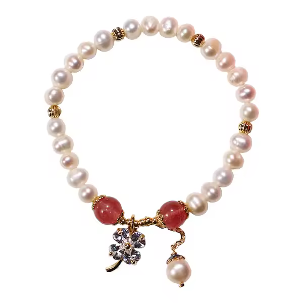 Pulsera de Perla de Agua Dulce Encanto de Zirconia de Piedra Natural 8mm de Fresa de Cuarzo - 1