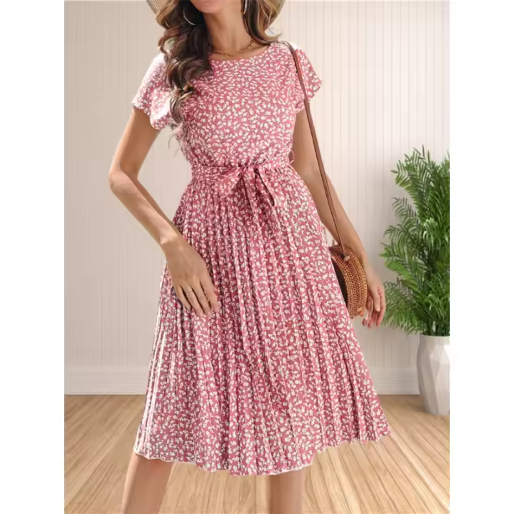 Vestido elegante de mujer con cuello redondo floral, lazo bohemio, manga murciélago, vestido de fiesta de verano, longitud media, línea A. - 1