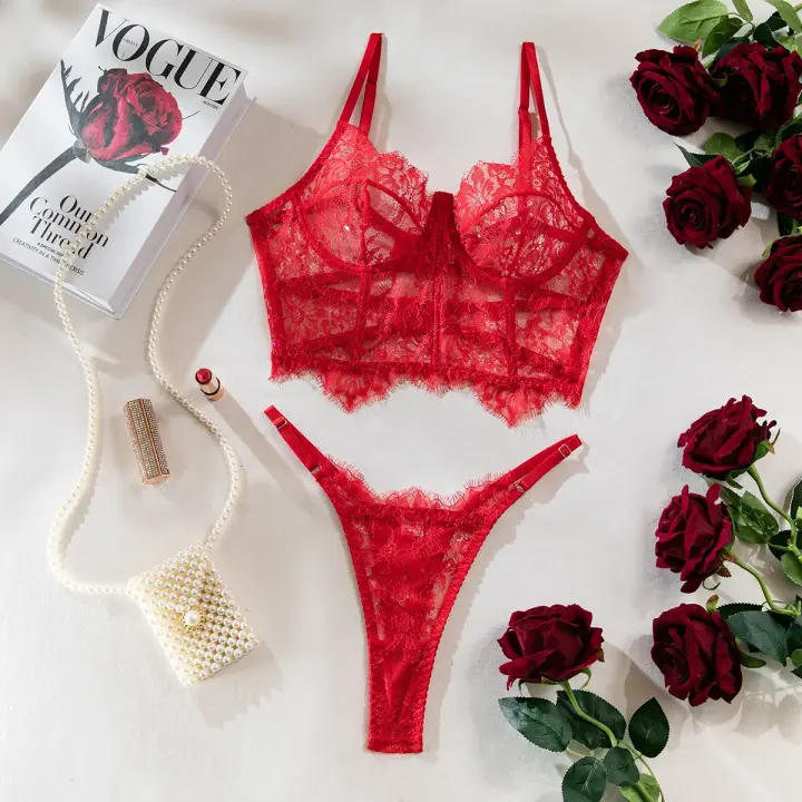 Conjunto de lencería Sexy de encaje Floral, corpiño, sujetador, conjuntos de bragas, ropa interior transparente sin forro, traje sexual de encaje con pestañas huecas - 1
