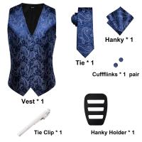 Chaleco de seda verde oscuro para hombre, vestido liso elegante, chaqueta sin mangas, 4 piezas, gemelos Hanky, traje de cachemira, chaleco, regalo de boda, corbata alta - details 15
