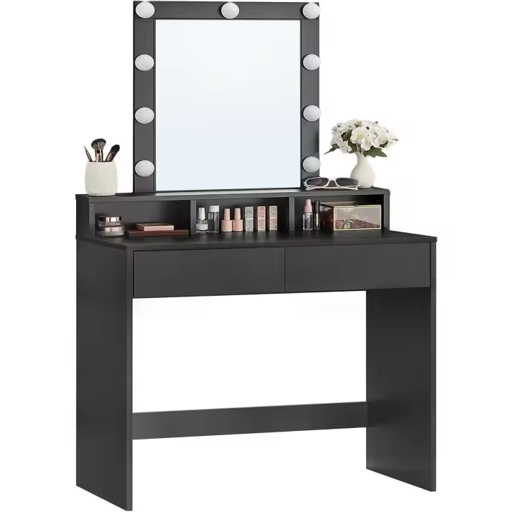 Luces LED con Brillo Ajustable, Mesa de Maquillaje con Espejo, 2 Cajones y 3 Compartimentos, Moderno, Negro - 1