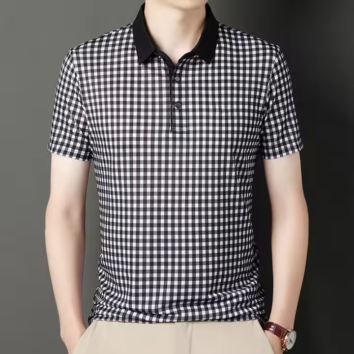 Camisa polo a cuadros con cuello, camiseta informal de negocios de verano, cuello de moda para hombre - 1