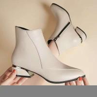 Nuevas botas nude de cuero puntiagudas para mujer con cremallera lateral y tacón cuadrado para mayor calidez, chaqueta cómoda y sólida multifuncional - details 0