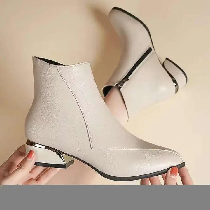 Nuevas botas nude de cuero puntiagudas para mujer con cremallera lateral y tacón cuadrado para mayor calidez, chaqueta cómoda y sólida multifuncional - 1