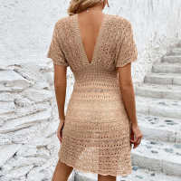 Mini vestido de playa de ganchillo con cuello en V, cubierta de punto de manga corta para mujer, túnica ligera de verano para traje de baño - details 23