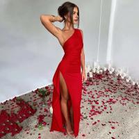 Vestido de fiesta elegante de color liso con un hombro largo para mujer, dobladillo de alta puntuación con pliegues en la cintura - details 6