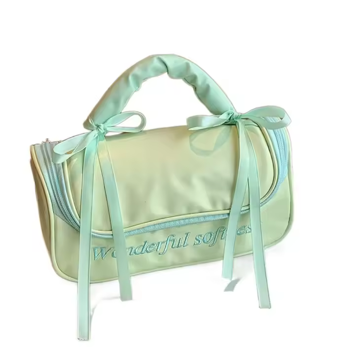 Bolsa de maquillaje de cuero PU para mujer, bolsa de cosméticos con lazo impermeable estilo Ballet, bolso de mano de gran capacidad, artículos de tocador - 1