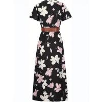 Vestido Maxi Floral Elegante con Cuello en V - Estilo Chic de Verano con Cinturón, Tela Tejida Durable y de Fácil Mantenimiento - details 3
