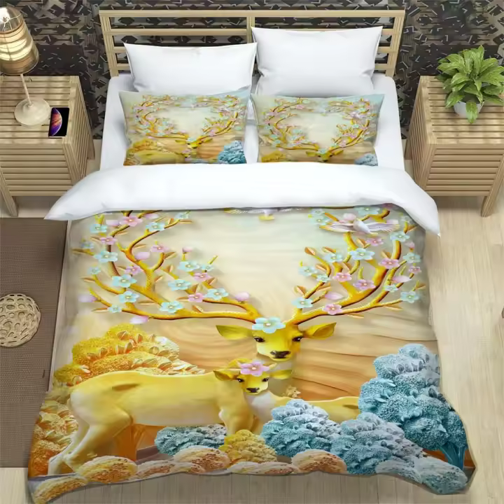 Juego de ropa de cama con estampado 3D de dibujos animados de ciervo, ropa de cama de tamaño King personalizada, suave y cómoda - 1