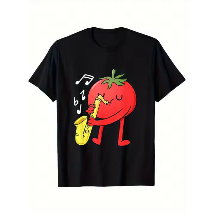 Camiseta retro holgada para hombre "Amante del tomate". Manga corta negra informal. Gráfico de saxofón, órgano y notas musicales. Lavable a máquina. Diseño musical. Divertido dibujo animado. - 1
