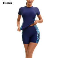 Traje de baño de 2 piezas de cintura alta para mujer con cuello simulado y cremallera de manga corta - details 2