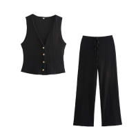 Conjunto de Moda para Mujer OUWU 2 Piezas de Camisetas sin Mangas y Pantalones Vintage de Cintura Alta Elástica - details 2