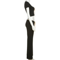 BUNO-Conjunto de ropa de calle para mujer, Top corto con cuello cuadrado y cordones, pantalón acampanado básico de cintura baja, traje elegante de dos piezas Delgado - details 12