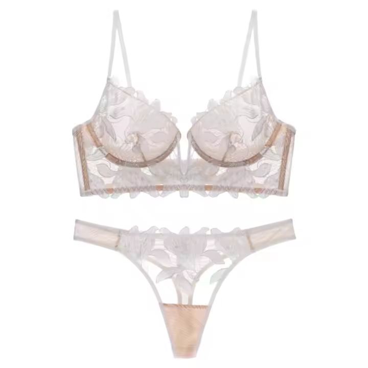 Conjunto de bragas y sujetador de encaje de malla con flores bordadas florales sexys Conjunto de lencería push-up para mujer - 1